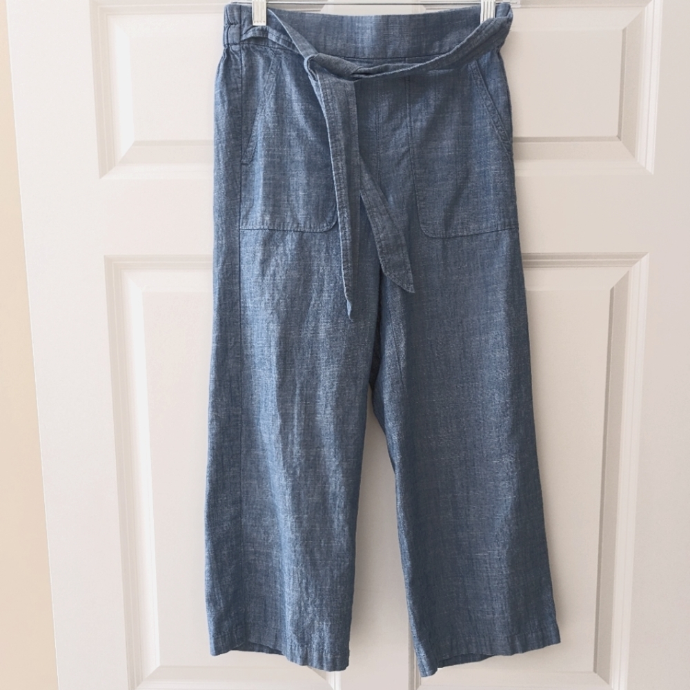 J. Crew Factory pants denim blue wide leg Chambray Tie Waist pull on siz…